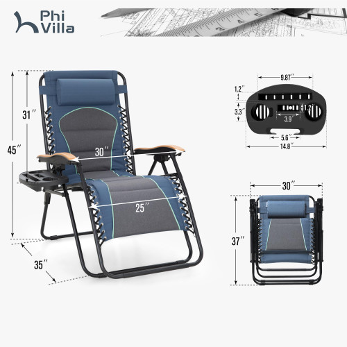 XXL Oversized Padded Zero Gravity Chair Set of 2, Foldable Patio Recliner, 30" Wide Seat Anti Gravity Lounger with Armrest and Cup Holder, Support 400 LBS (Blue Accents)