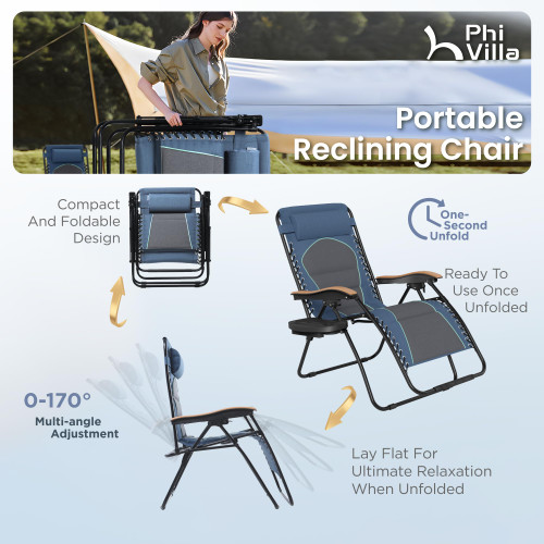XXL Oversized Padded Zero Gravity Chair Set of 2, Foldable Patio Recliner, 30" Wide Seat Anti Gravity Lounger with Armrest and Cup Holder, Support 400 LBS (Blue Accents)