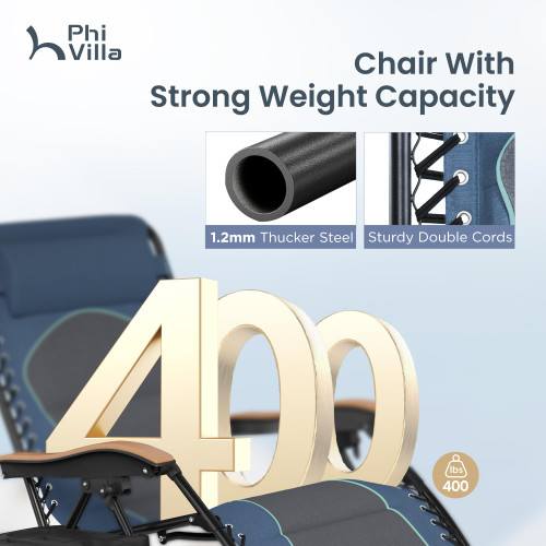 XXL Oversized Padded Zero Gravity Chair Set of 2, Foldable Patio Recliner, 30" Wide Seat Anti Gravity Lounger with Armrest and Cup Holder, Support 400 LBS (Blue Accents)