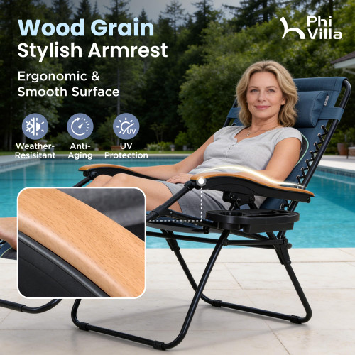 XXL Oversized Padded Zero Gravity Chair Set of 2, Foldable Patio Recliner, 30" Wide Seat Anti Gravity Lounger with Armrest and Cup Holder, Support 400 LBS (Blue Accents)