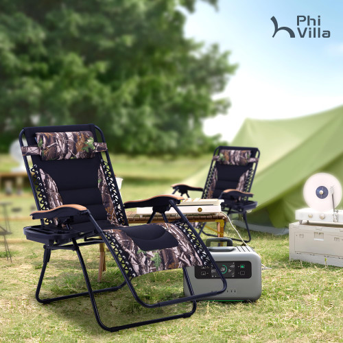 XXL Oversized Padded Zero Gravity Chair Set of 2, Foldable Patio Recliner, 30" Wide Seat Anti Gravity Lounger with Armrest and Cup Holder, Support 400 LBS (Camouflage)