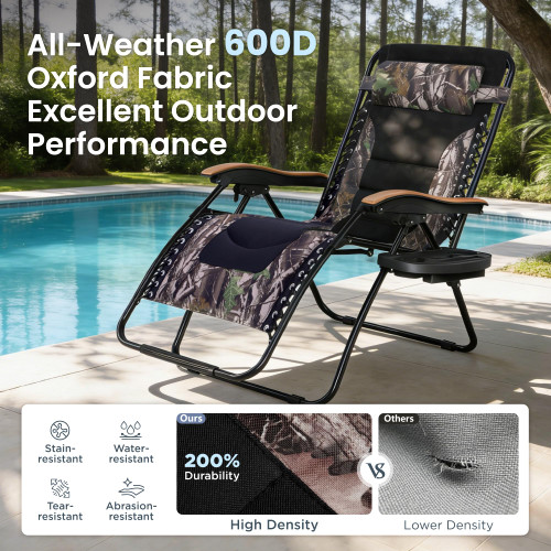 XXL Oversized Padded Zero Gravity Chair Set of 2, Foldable Patio Recliner, 30" Wide Seat Anti Gravity Lounger with Armrest and Cup Holder, Support 400 LBS (Camouflage)