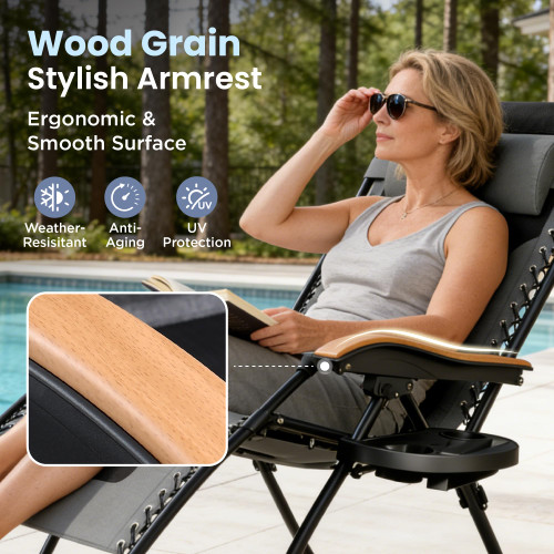 XXL Oversized Padded Zero Gravity Chair Set of 2, Foldable Patio Recliner, 30" Wide Seat Anti Gravity Lounger with Armrest and Cup Holder, Support 400 LBS (Grey)