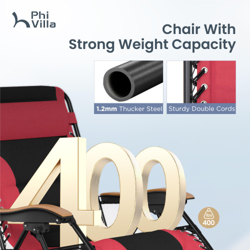 XXL Oversized Padded Zero Gravity Chair Set of 2, Foldable Patio Recliner, 30" Wide Seat Anti Gravity Lounger with Armrest and Cup Holder, Support 400 LBS (Red)