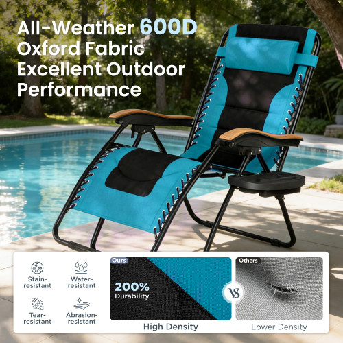 XXL Oversized Padded Zero Gravity Chair, Foldable Patio Recliner, 30" Wide Seat Anti Gravity Lounger with Cup Holder, Support 400 LBS (Aqua)