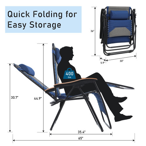 XXL Oversized Padded Zero Gravity Chair, Foldable Patio Recliner, 30" Wide Seat Anti Gravity Lounger with Cup Holder, Support 400 LBS (Thumb Blue)