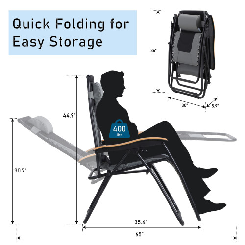 XXL Oversized Padded Zero Gravity Chair, Foldable Patio Recliner, 30" Wide Seat Anti Gravity Lounger with Cup Holder, Support 400 LBS (Gray)