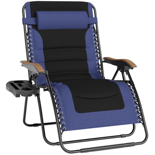 XXL Oversized Padded Zero Gravity Chair, Foldable Patio Recliner, 30" Wide Seat Anti Gravity Lounger with Cup Holder, Support 400 LBS (Navy Blue)