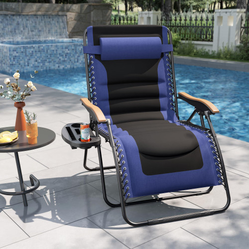 XXL Oversized Padded Zero Gravity Chair, Foldable Patio Recliner, 30" Wide Seat Anti Gravity Lounger with Cup Holder, Support 400 LBS (Navy Blue)