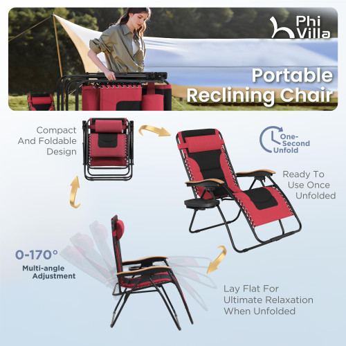 XXL Oversized Padded Zero Gravity Chair, Foldable Patio Recliner, 30" Wide Seat Anti Gravity Lounger with Cup Holder, Support 400 LBS (Red)