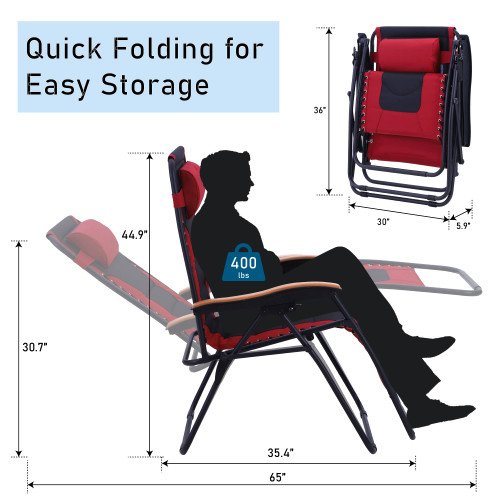 XXL Oversized Padded Zero Gravity Chair, Foldable Patio Recliner, 30" Wide Seat Anti Gravity Lounger with Cup Holder, Support 400 LBS (Red)