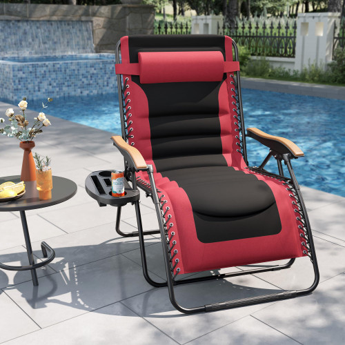 XXL Oversized Padded Zero Gravity Chair, Foldable Patio Recliner, 30" Wide Seat Anti Gravity Lounger with Cup Holder, Support 400 LBS (Red)