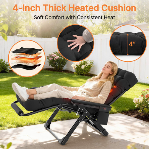 Heated Zero Gravity Chair XL, Oversized Zero Gravity Recliner w/3 Heat Levels for Back & Seat, Lounge Chair w/Cushion, Armrests & Footrest, Pillow, Big Cup Holder(Battery Not Included)