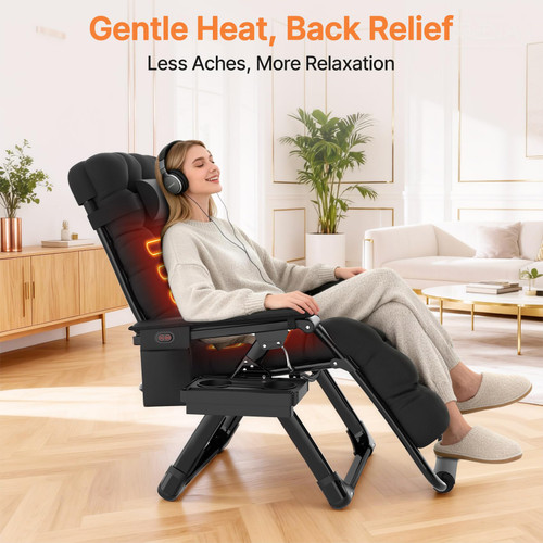 Heated Zero Gravity Chair XL, Oversized Zero Gravity Recliner w/3 Heat Levels for Back & Seat, Lounge Chair w/Cushion, Armrests & Footrest, Pillow, Big Cup Holder(Battery Not Included)