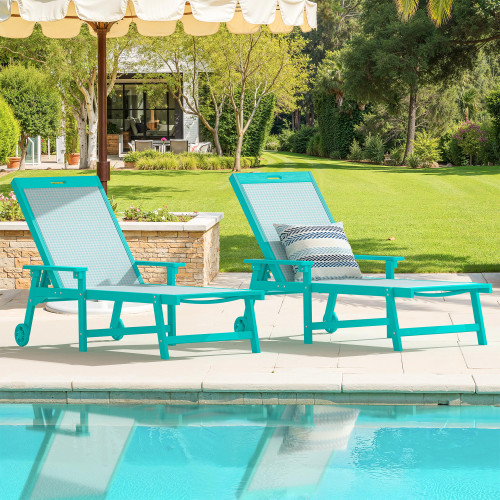 Chaise Lounge Chair Outdoor, HDPS and HDPE Wicker Chaise Lounger with 5 Positions, Pool Lounge Chairs with Wheels and Adjustable Backrest for Patio, Poolside, Deck, Backyard