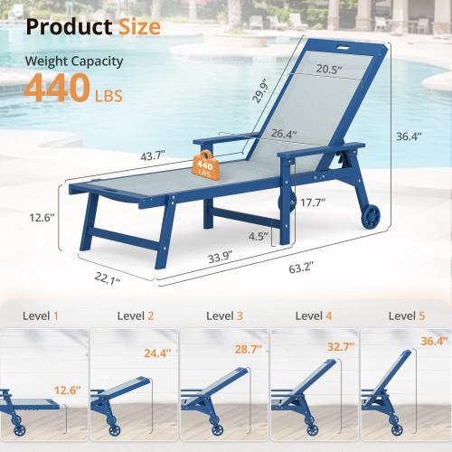 Chaise Lounge Chair Outdoor Set of 2, HDPS and HDPE Wicker Chaise Lounger with 5 Positions, Pool Lounge Chairs with Wheels and Adjustable Backrest for Patio, Poolside, Deck, Backyard