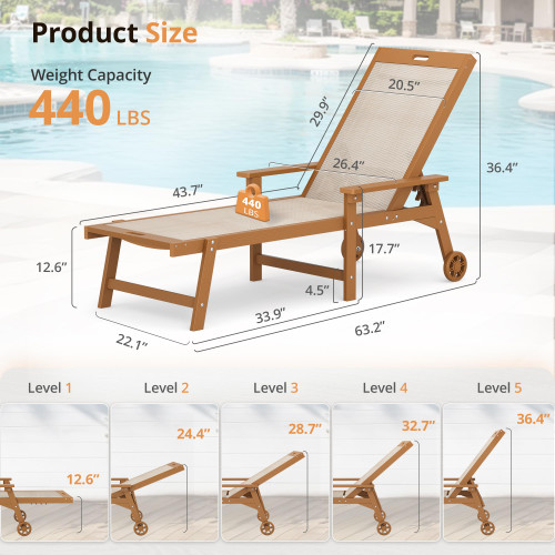 Chaise Lounge Chair Outdoor Set of 2, HDPS and HDPE Wicker Chaise Lounger with 5 Positions, Pool Lounge Chairs with Wheels and Adjustable Backrest for Patio, Poolside, Deck, Backyard