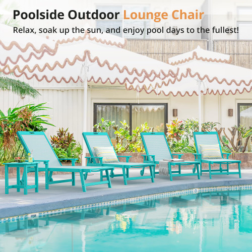 Chaise Lounge Chair Outdoor Set of 4, HDPS and HDPE Wicker Chaise Lounger with 5 Positions, Pool Lounge Chairs with Wheels and Adjustable Backrest for Patio, Poolside, Deck, Backyard