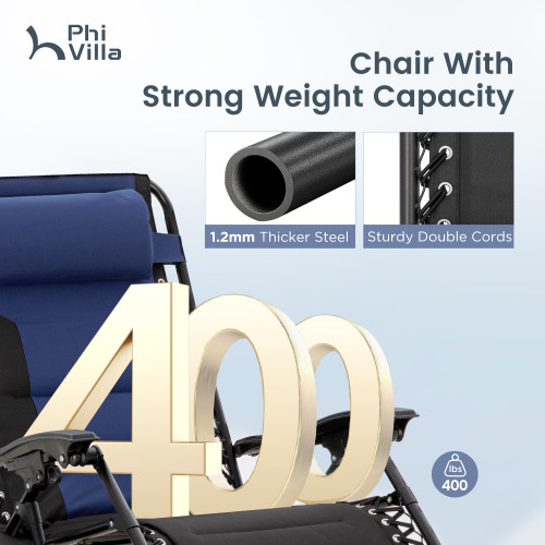 Zero Gravity Chair Set of 2, Padded Anti Gravity Recliner, Oversized 28" Wide Seat, Foldable Patio Lounger with Armrest & Cup Holder, Supports 400 LBS (Blue Black)