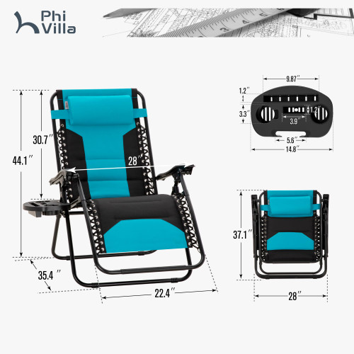 Zero Gravity Chair Set of 2, Padded Anti Gravity Recliner, Oversized 28" Wide Seat, Foldable Patio Lounger with Armrest & Cup Holder, Supports 400 LBS (Aqua)