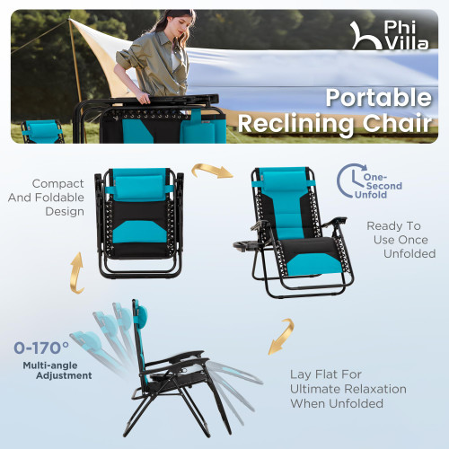 Zero Gravity Chair Set of 2, Padded Anti Gravity Recliner, Oversized 28" Wide Seat, Foldable Patio Lounger with Armrest & Cup Holder, Supports 400 LBS (Aqua)