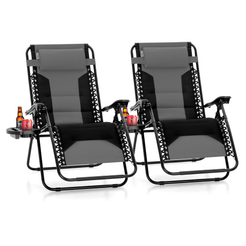 Zero Gravity Chair Set of 2, Padded Anti Gravity Recliner, Oversized 28" Wide Seat, Foldable Patio Lounger with Armrest & Cup Holder, Supports 400 LBS (Grey)