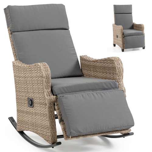 Outdoor Recliner Chair for Patio 2-in-1 Convertible Footrest & Rocking Mode, 90-135 Adjustable Backrest, Rattan Wicker with Removable Cushion for Garden, Balcony, Porch, Gray