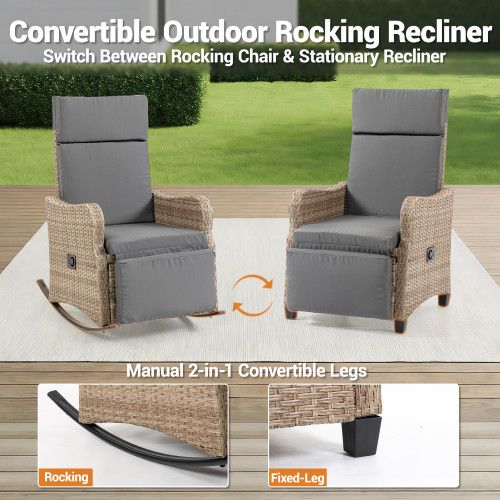 Outdoor Recliner Chair for Patio 2-in-1 Convertible Footrest & Rocking Mode, 90-135 Adjustable Backrest, Rattan Wicker with Removable Cushion for Garden, Balcony, Porch, Gray