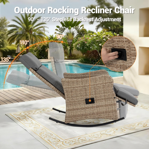 Outdoor Recliner Chair for Patio 2-in-1 Convertible Footrest & Rocking Mode, 90-135 Adjustable Backrest, Rattan Wicker with Removable Cushion for Garden, Balcony, Porch, Gray