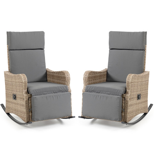 Outdoor Recliner Chairs Set of 2 for Patio 2-in-1 Convertible Footrest & Rocking Mode, 90-135 Adjustable Backrest, Rattan Wicker Chair with Removable Cushion for Garden, Balcony, Gray