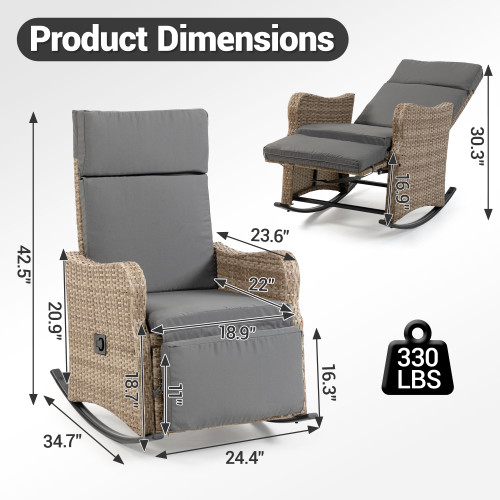 Outdoor Recliner Chairs Set of 2 for Patio 2-in-1 Convertible Footrest & Rocking Mode, 90-135 Adjustable Backrest, Rattan Wicker Chair with Removable Cushion for Garden, Balcony, Gray