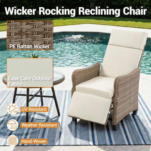 Outdoor Recliner Chairs Set of 2 for Patio 2-in-1 Convertible Footrest & Rocking Mode, 90-135 Adjustable Backrest, Rattan Wicker Chair with Removable Cushion for Garden, Balcony, Light Yellow