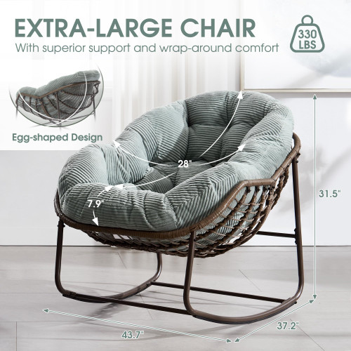 Oversized Papasan Rocking Chair - Outdoor Luxury Comfy Patio Chair, Indoor Egg Royal Rattan Rocking Chair with Strip Velvet Cushion for Front Porch Lounge Lawn Bedroom Living Room (Green)