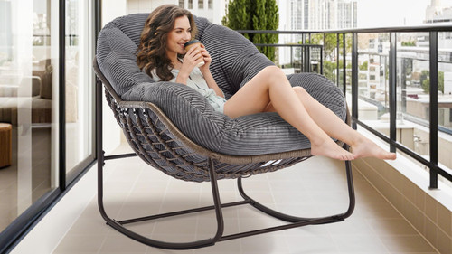 Oversized Papasan Rocking Chair - Outdoor Luxury Comfy Patio Chair, Indoor Egg Royal Rattan Rocking Chair with Strip Velvet Cushion for Front Porch Lounge Lawn Bedroom Living Room (Grey)