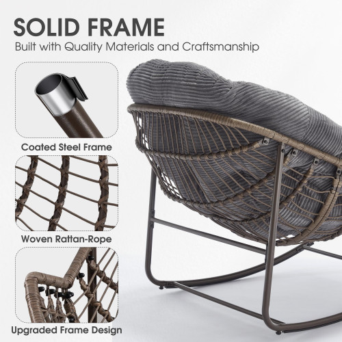 Oversized Papasan Rocking Chair - Outdoor Luxury Comfy Patio Chair, Indoor Egg Royal Rattan Rocking Chair with Strip Velvet Cushion for Front Porch Lounge Lawn Bedroom Living Room (Grey)