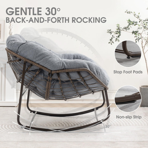 Oversized Papasan Rocking Chair - Outdoor Luxury Egg Chair Indoor Rattan Comfy Rock Chair with Cushion for Patio Garden Porch Lounge Lawn Bedroom Living Room (Grey Teddy)
