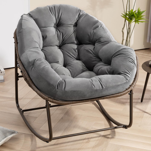 Oversized Papasan Rocking Chair - Outdoor Luxury Comfy Patio Chair Indoor Egg Royal Rattan Rocking Chair with Cushion for Front Porch Lounge Lawn Bedroom Living Room (Grey Velvet)