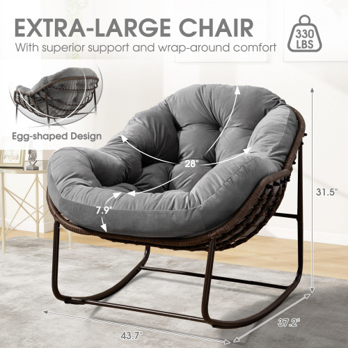 Oversized Papasan Rocking Chair - Outdoor Luxury Comfy Patio Chair Indoor Egg Royal Rattan Rocking Chair with Cushion for Front Porch Lounge Lawn Bedroom Living Room (Grey Velvet)