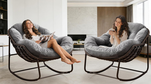 Oversized Papasan Rocking Chair - Outdoor Luxury Comfy Patio Chair Indoor Egg Royal Rattan Rocking Chair with Cushion for Front Porch Lounge Lawn Bedroom Living Room (Grey Velvet)