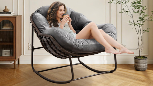 Oversized Papasan Rocking Chair - Outdoor Luxury Comfy Patio Chair Indoor Egg Royal Rattan Rocking Chair with Cushion for Front Porch Lounge Lawn Bedroom Living Room (Grey Velvet)