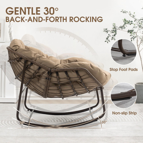 Oversized Papasan Rocking Chair - Outdoor Luxury Comfy Patio Chair Indoor Egg Royal Rattan Rocking Chair with Cushion for Front Porch Lounge Lawn Bedroom Living Room (Khaki)