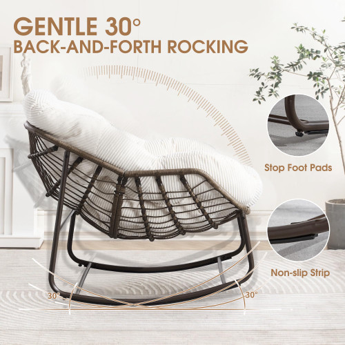 Oversized Papasan Rocking Chair - Outdoor Luxury Comfy Patio Chair, Indoor Egg Royal Rattan Rocking Chair with Strip Velvet Cushion for Front Porch Lounge Lawn Bedroom Living Room (White)