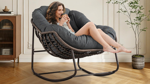 Oversized Papasan Rocking Chair - Outdoor Luxury Comfy Patio Chair Set of 2 Indoor Egg Royal Double Rattan Rocking Chair with Cushion for Front Porch Lounge Lawn Bedroom (Grey)