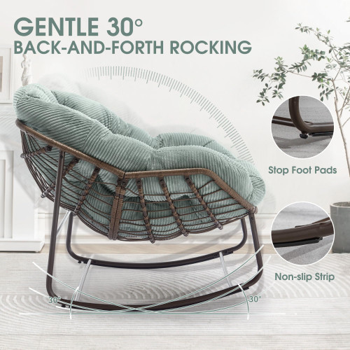 Oversized Papasan Rocking Chair - Outdoor Luxury Comfy Patio Chair Set of 2, Indoor Egg Royal Rattan Rocking Chair with Strip Velvet Cushion for Porch Lounge Bedroom Living Room (Green)