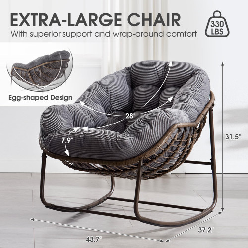 Oversized Papasan Rocking Chair - Outdoor Luxury Comfy Patio Chair Set of 2, Indoor Egg Royal Rattan Rocking Chair with Strip Velvet Cushion for Front Porch Lounge Bedroom Living Room (Grey)