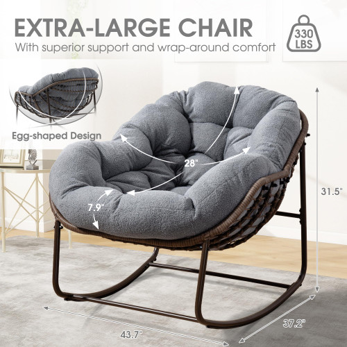 Oversized Papasan Rocking Chair - Outdoor Luxury Comfy Patio Chair Set of 2 Indoor Egg Royal Double Rattan Rocking Chair with Cushion for Front Porch Lounge Lawn Bedroom (Grey Teddy)