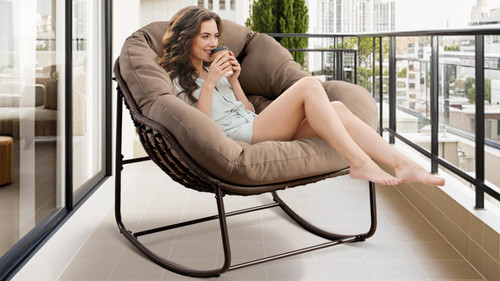 Oversized Papasan Rocking Chair - Outdoor Luxury Comfy Patio Chair Set of 2 Indoor Egg Royal Double Rattan Rocking Chair with Cushion for Front Porch Lounge Lawn Bedroom (Khaki)