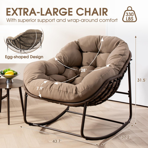 Oversized Papasan Rocking Chair - Outdoor Luxury Comfy Patio Chair Set of 2 Indoor Egg Royal Double Rattan Rocking Chair with Cushion for Front Porch Lounge Lawn Bedroom (Khaki)