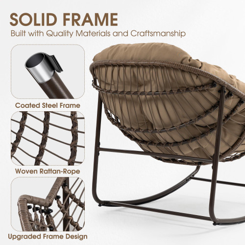 Oversized Papasan Rocking Chair - Outdoor Luxury Comfy Patio Chair Set of 2 Indoor Egg Royal Double Rattan Rocking Chair with Cushion for Front Porch Lounge Lawn Bedroom (Khaki)