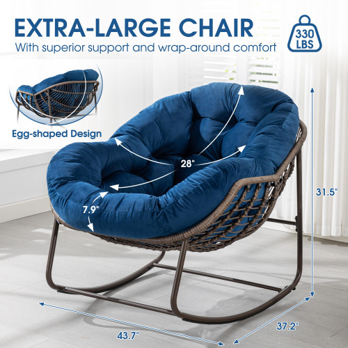 Oversized Papasan Rocking Chair - Outdoor Luxury Comfy Patio Chair Set of 2 Indoor Egg Royal Double Rattan Rocking Chair with Cushion for Front Porch Lounge Lawn Bedroom (Blue Velvet)